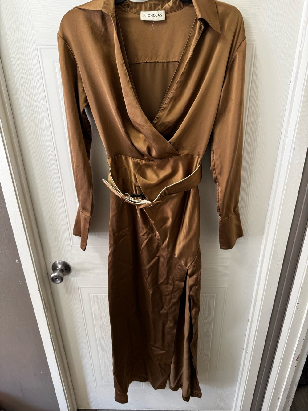 NICHOLAS Copper Satin Wrap Maxi Dress